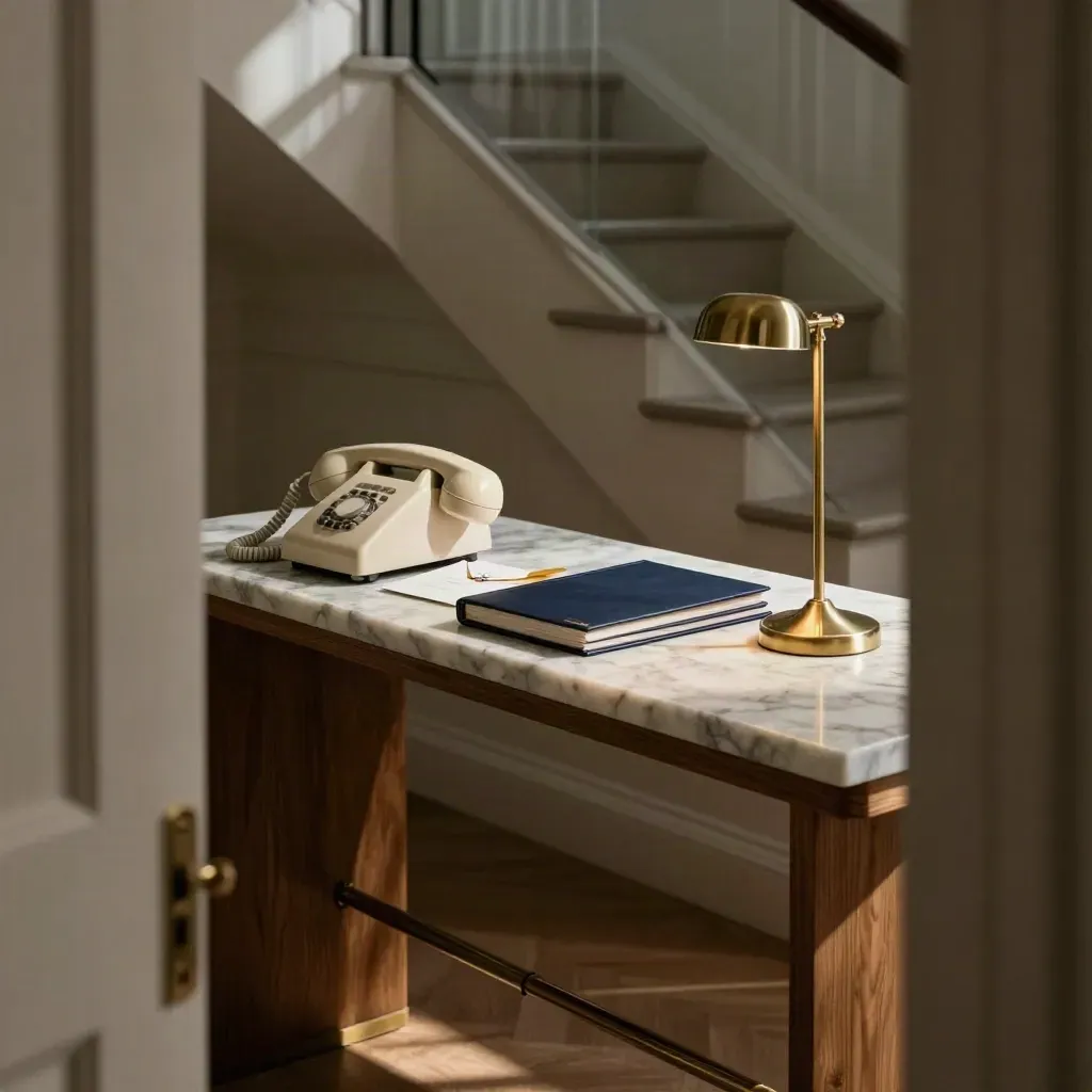 Townhouse reception with handset, sealed envelope, case folders and brass lamp for legal advice calls