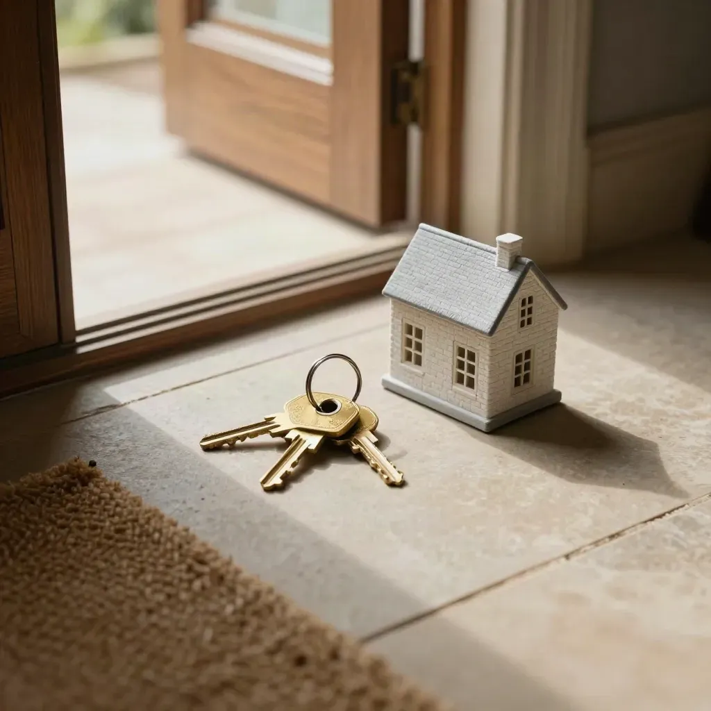 Brass keys and a miniature house on a pale stone threshold beside a cropped doormat