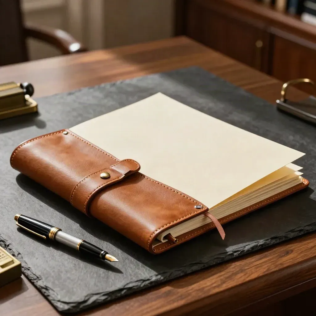 Leather drafting folio with pen, brass clip, and blank agreement sheets on a warm legal desk.