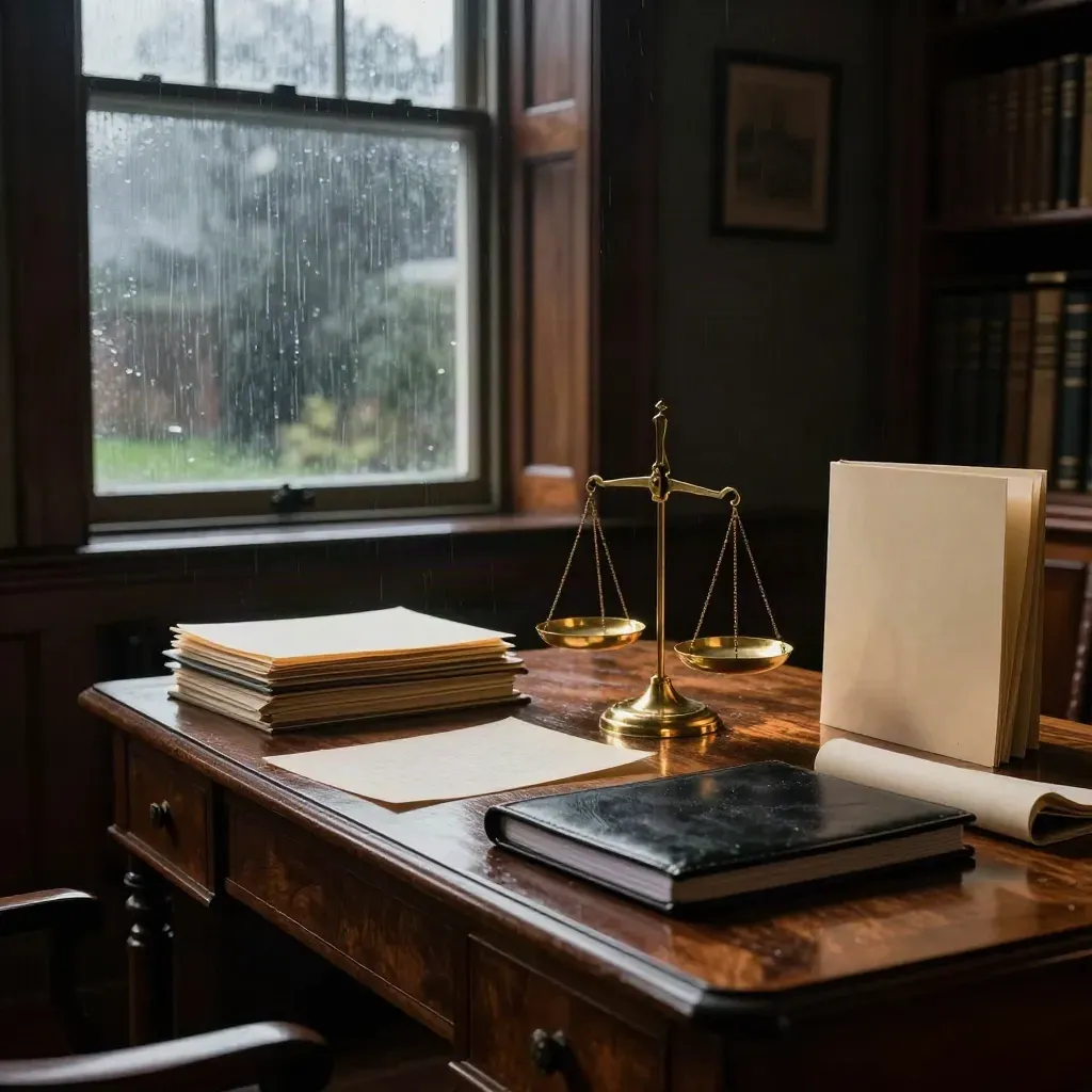 Rain-dark solicitor’s study with brass scales, case folders and storm light on polished wood