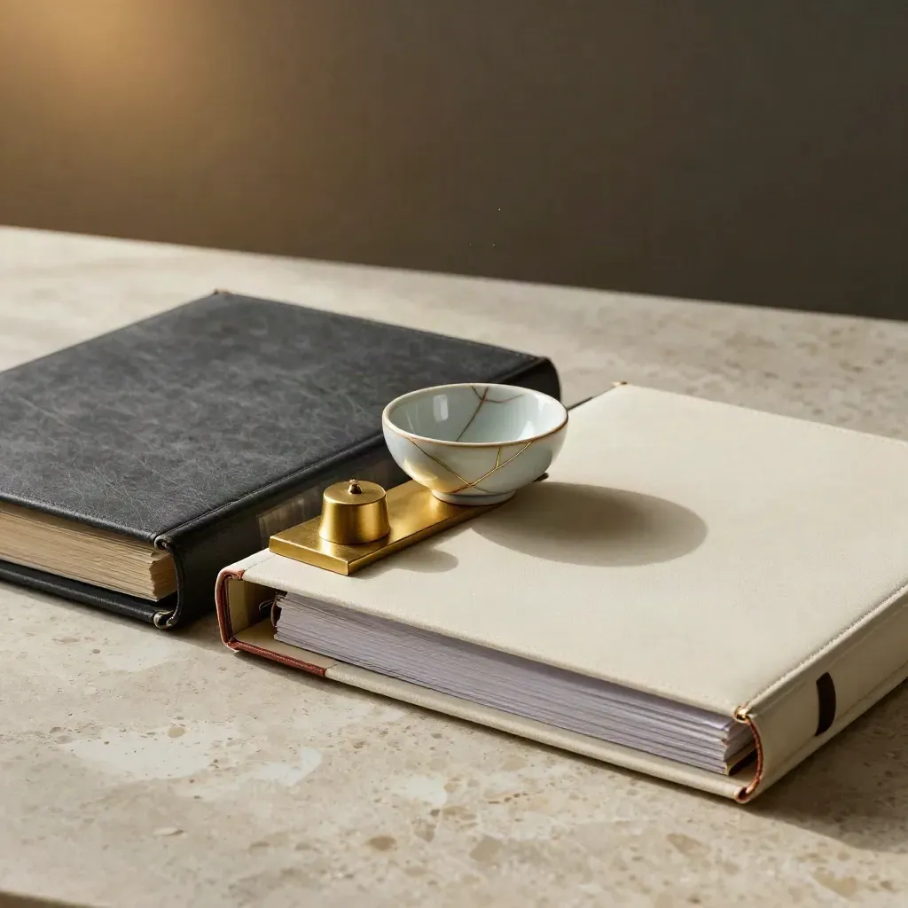 Slate and cream binders settle around a brass paperweight and repaired ceramic bowl on travertine.