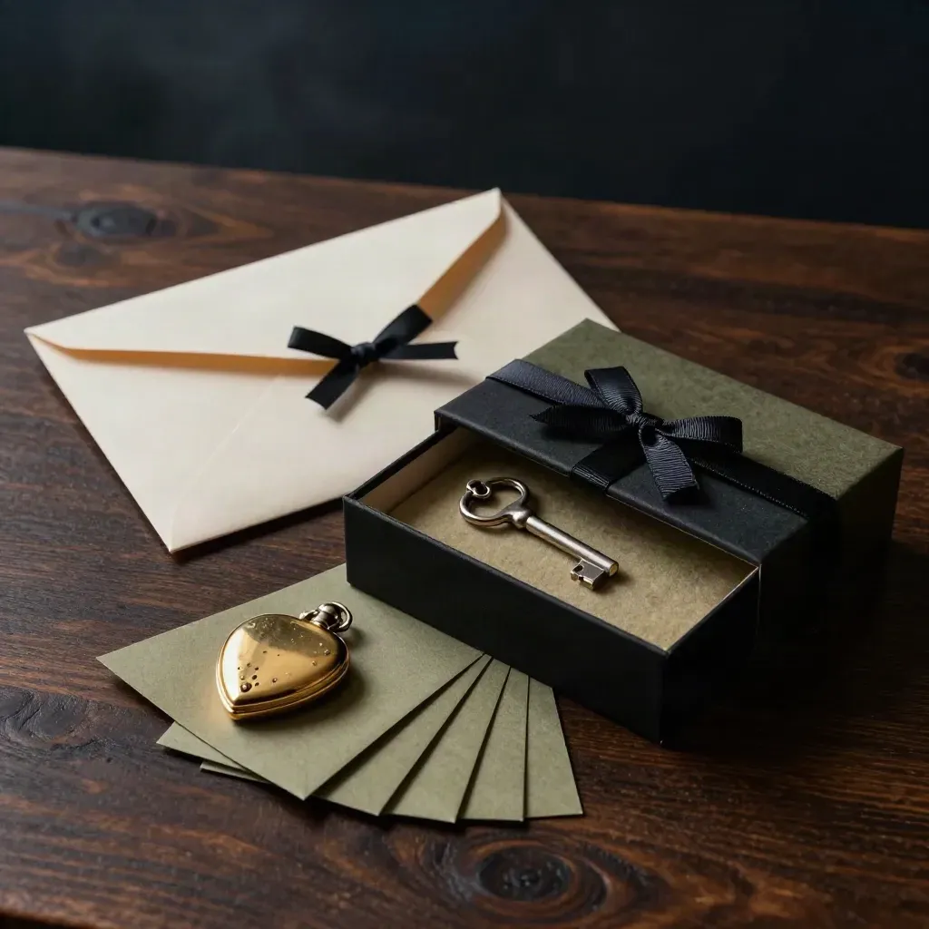 Keepsake box, sealed envelope, silver key and locket on dark oak in moody probate light.