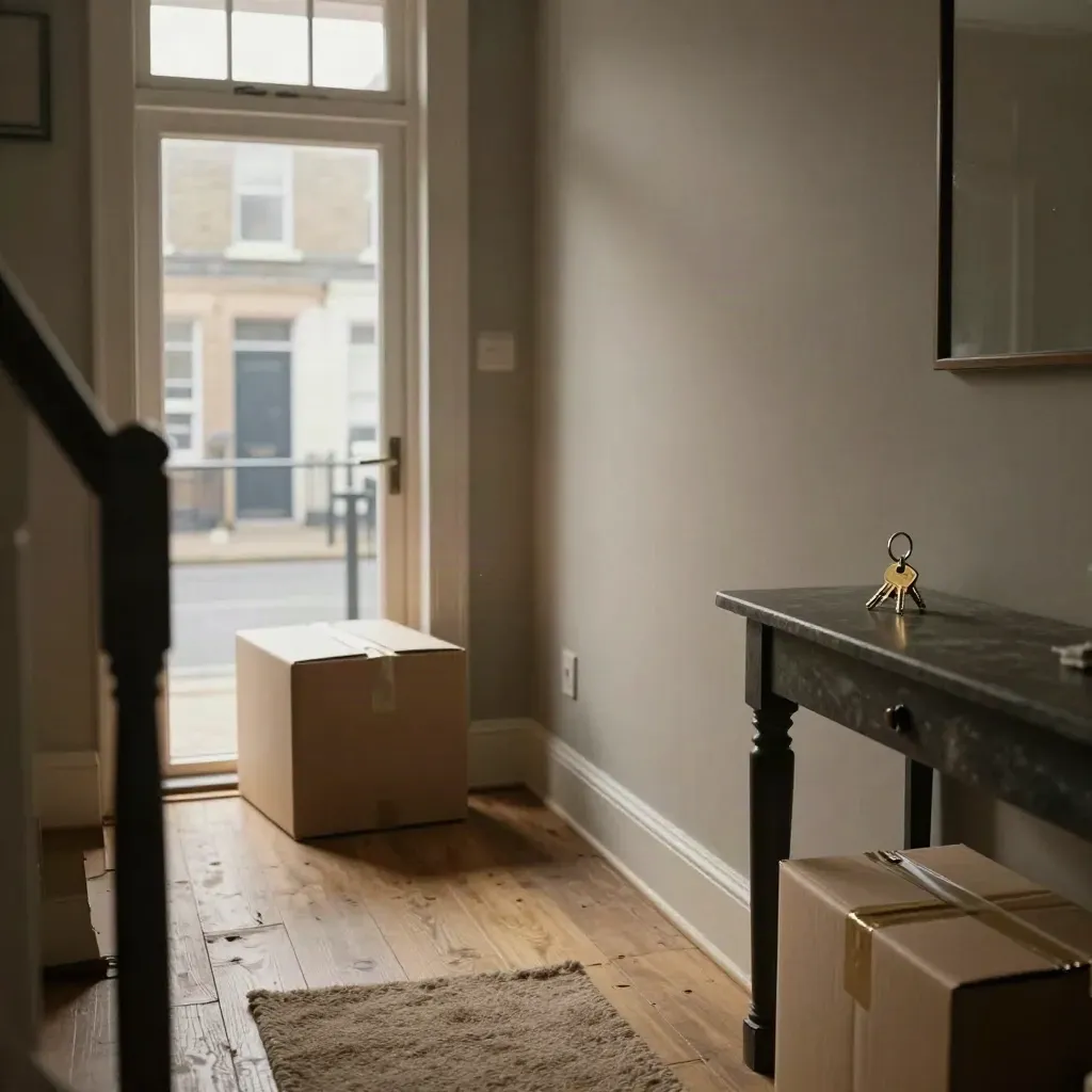 Cleared hallway with boxes, open door, and keys on a stone console