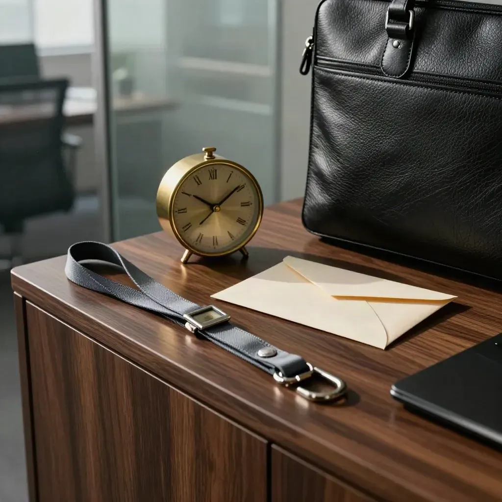Lanyard, brass clock, sealed envelope, and briefcase on a walnut credenza.