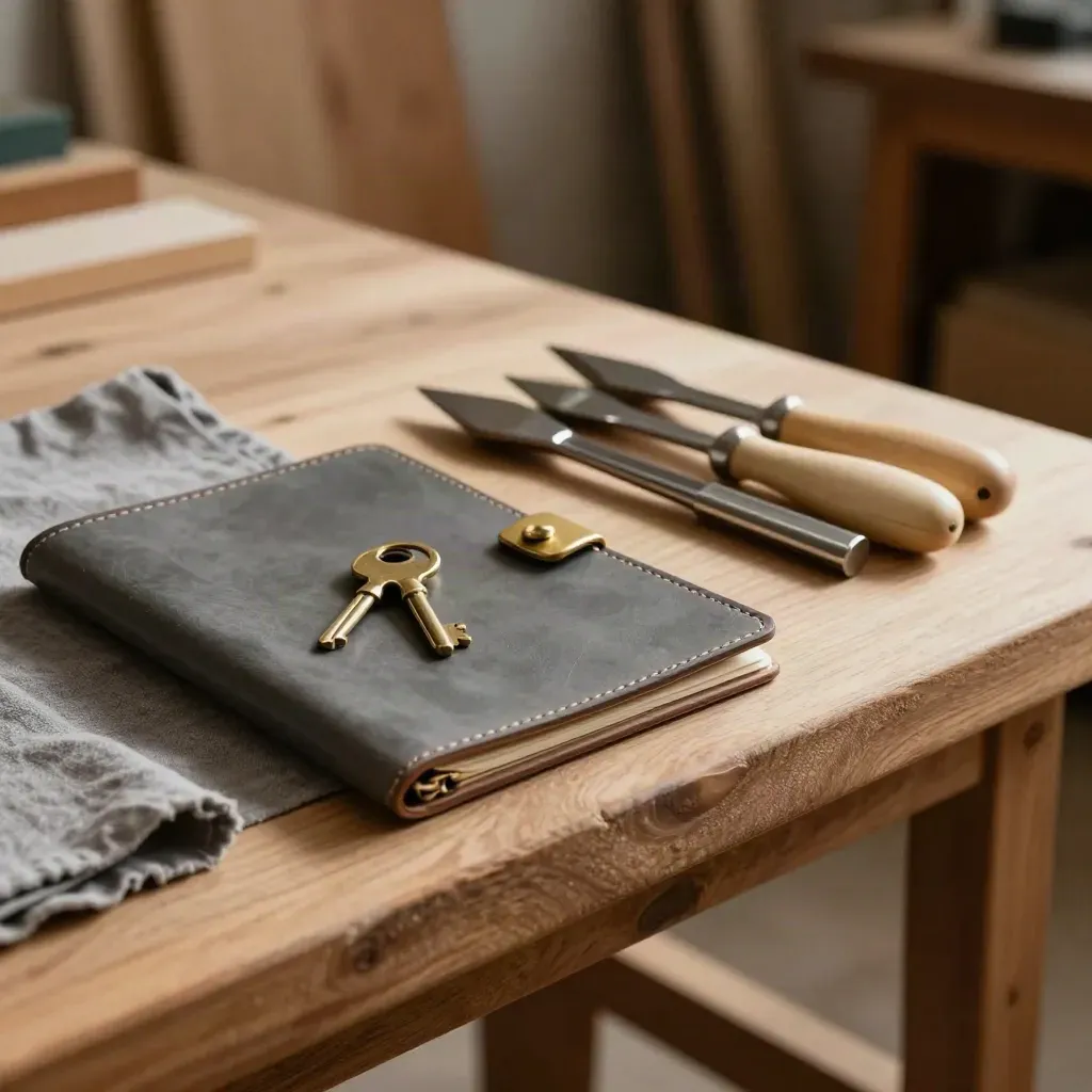 Workshop bench with keys, a slate folio and clean tools in warm window light.