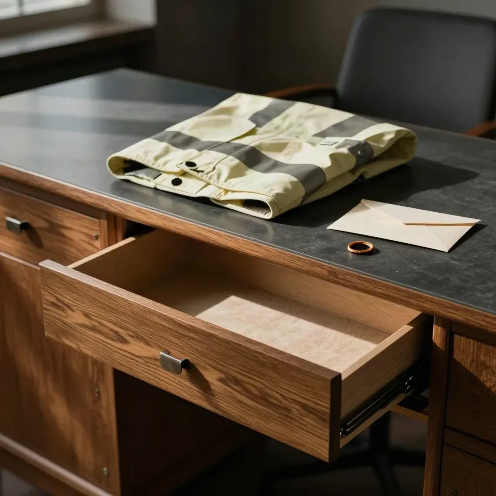 Open office drawer, folded hi-vis jacket on a chair, sealed envelope and coffee ring.