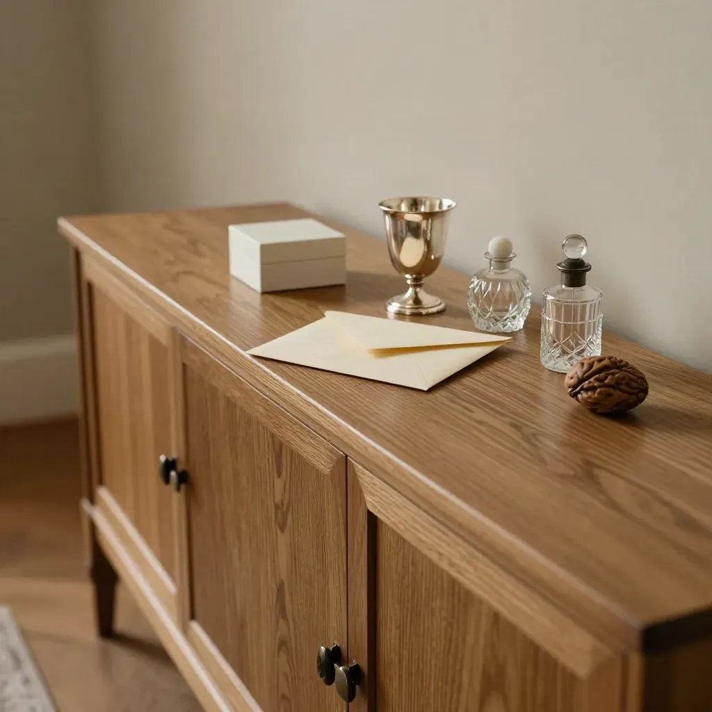 Oak sideboard with probate envelope, keepsake box, and heirlooms in soft morning light
