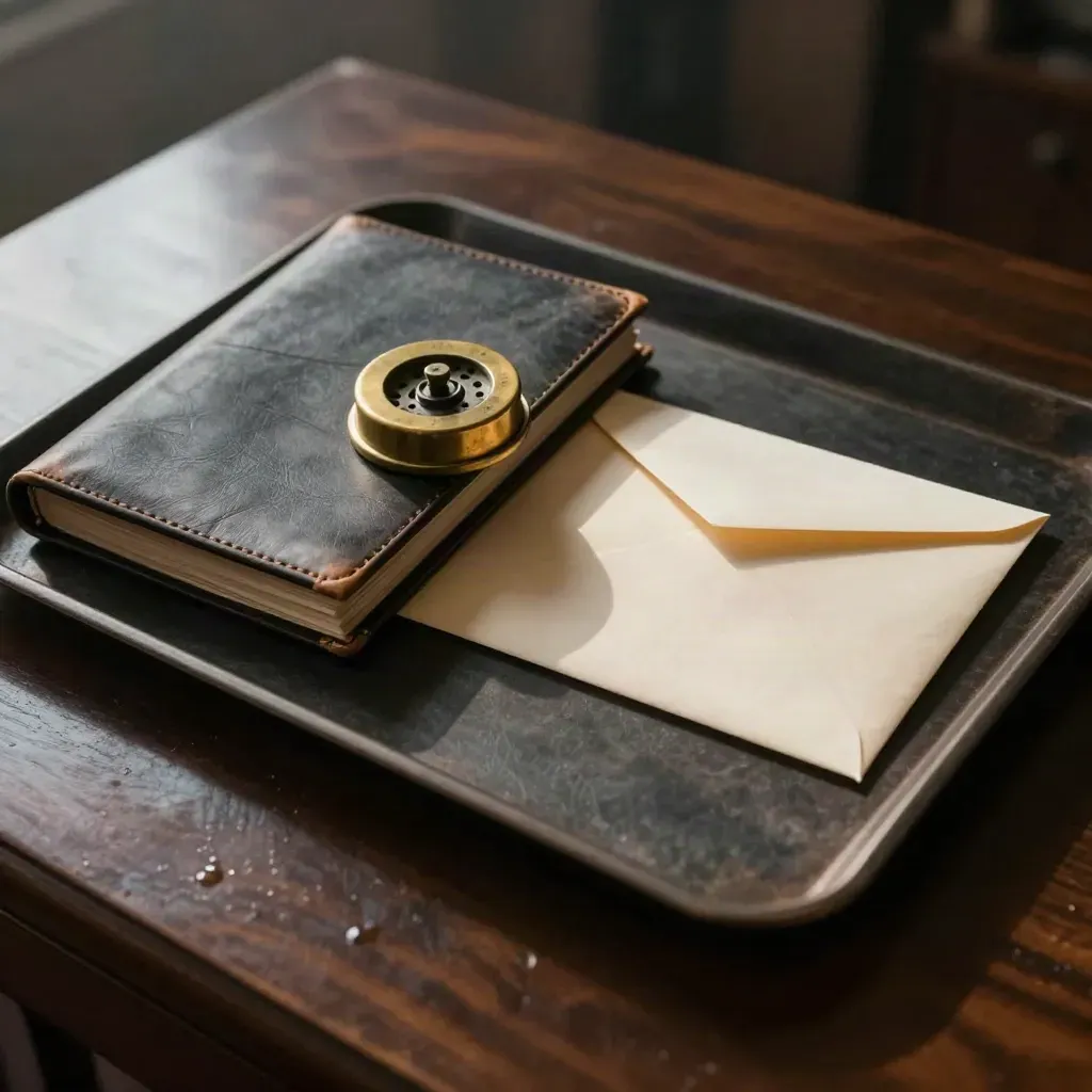 Ledger box, brass paperweight, reply envelope and empty tray on a dark wooden surface.