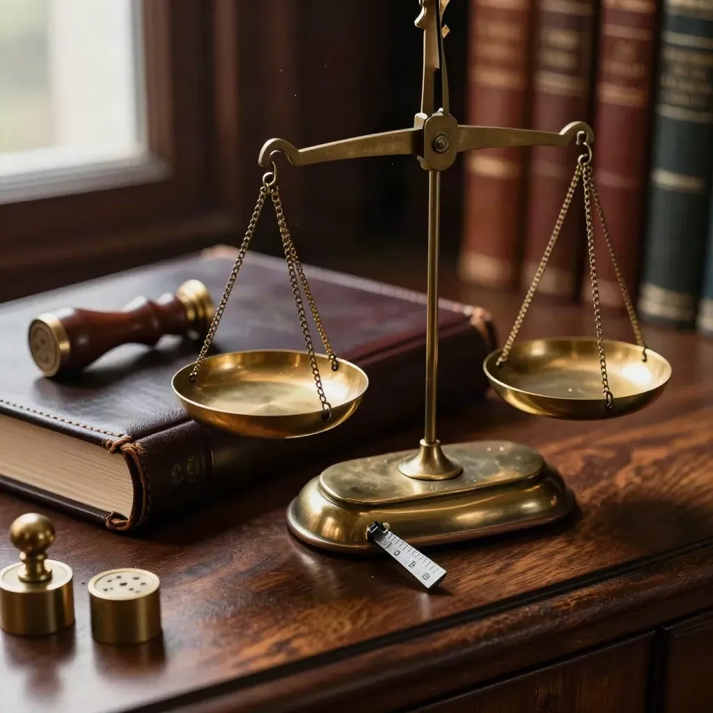 Brass law scales with a leather folio and sealing wax on a walnut library shelf.
