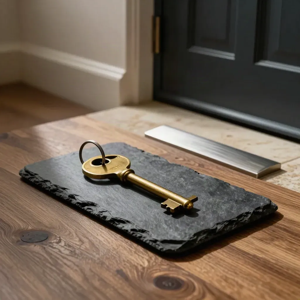 Brass house key, slate tray and stone threshold tile in a dim entry hall