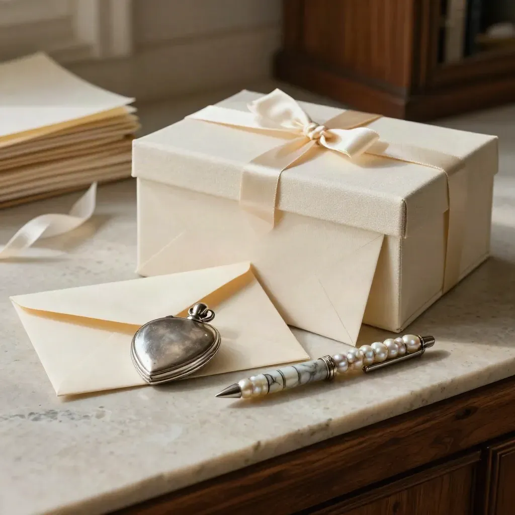 Cream envelope, silver locket, pearl pen and ribbon-tied archive box on a limestone counter.