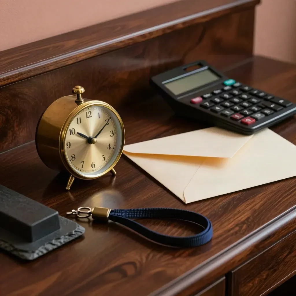 Brass clock, calculator, lanyard and sealed envelope on a dark walnut office desk in dramatic light.
