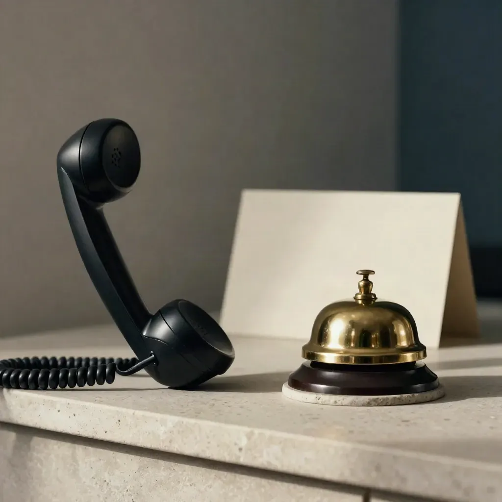 Black handset, brass bell and stone timer on a pale stone shelf
