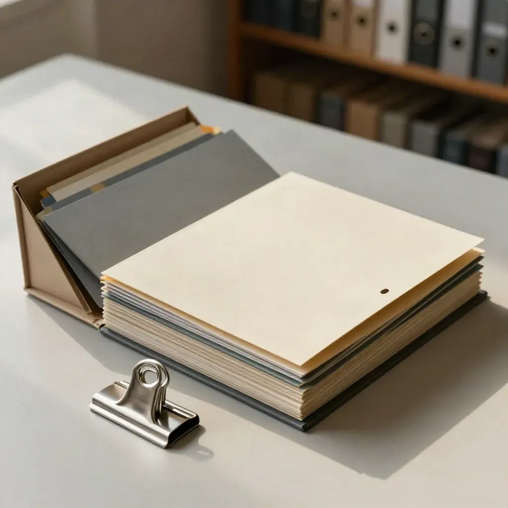 Overhead still life of legal case folders, an archive box and steel clips on a pale plaster surface.