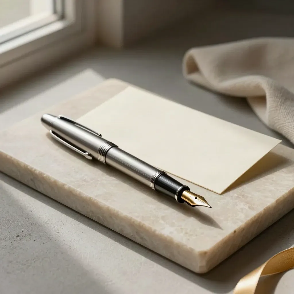 Fountain pen, face-down cream card, and gold ribbon on a limestone tray.