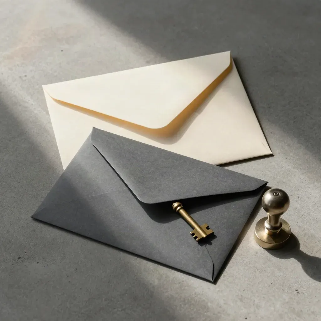 Overhead still life of legal closing items: envelope, case folder, brass key, desk stamp.
