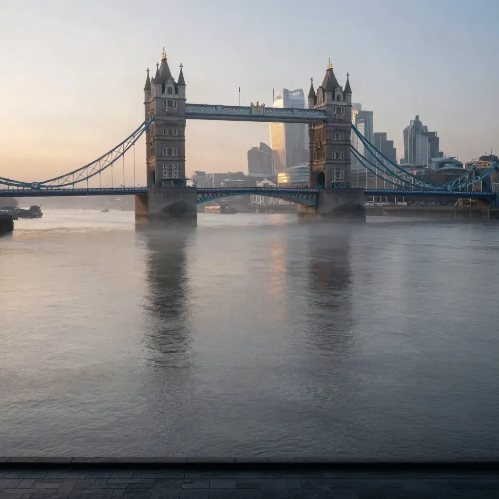 Tower Bridge and the City in dawn mist over the Thames, calm water below for headline copy.