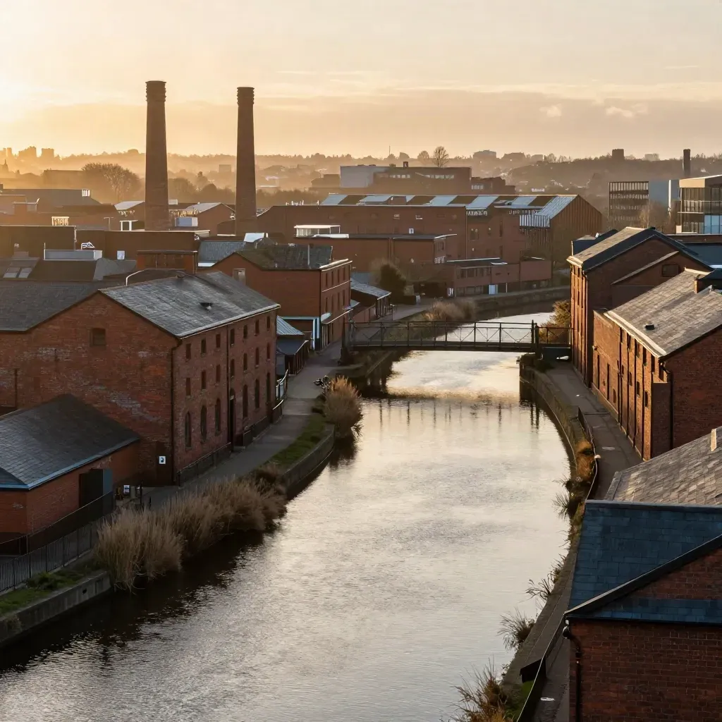 Golden-hour Birmingham canal warehouses and terraces above a misty reflective canal.