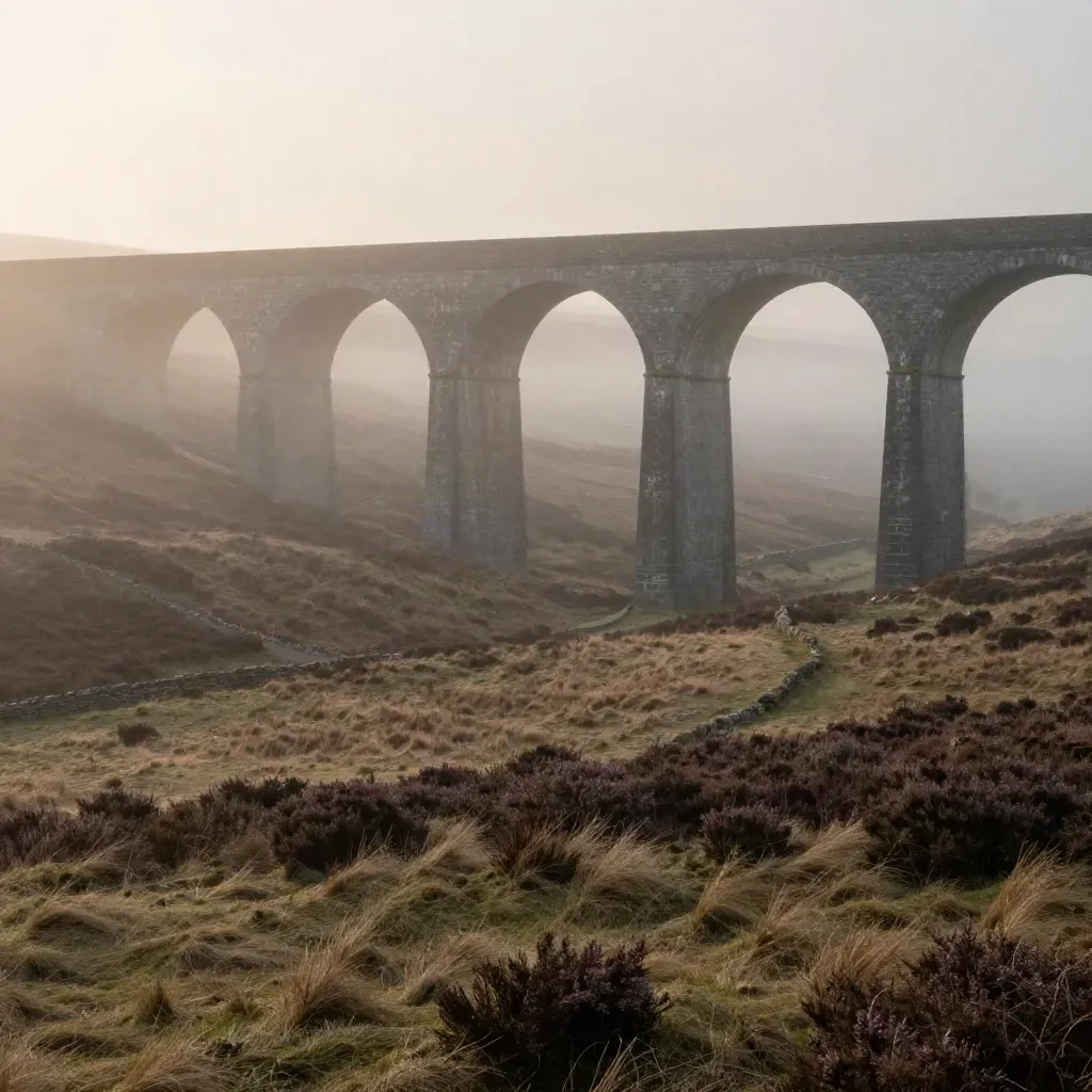 Misty dawn over a Yorkshire moor with a stone viaduct high in frame