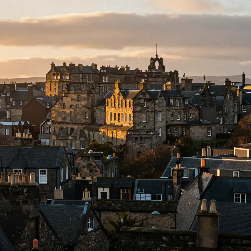 Golden-hour Edinburgh skyline with castle stone and hazy rooftops under soft cloud.